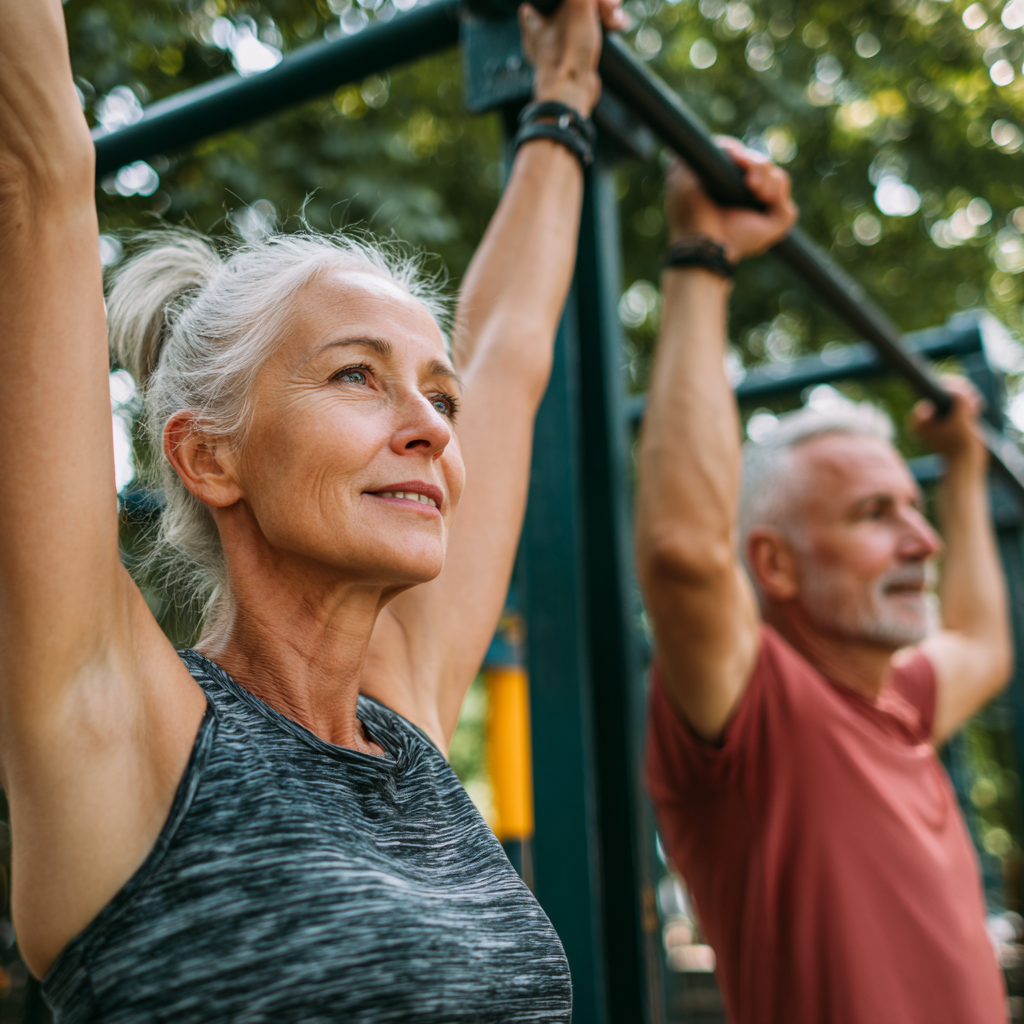 Group of diverse Ukrainian adults of different ages celebrating their fitness achievements together in a modern gym setting, all smiling and showing positive energy